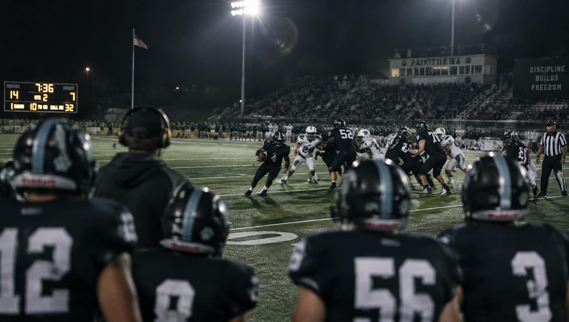 Friday night high school football game seen from the sideline under the stadium lights